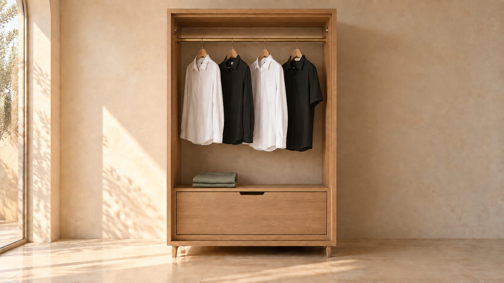 SAADAA garments hanging inside a crafted oak wardrobe